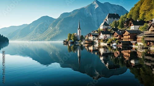 Halstatt over lake, Austria ai generative