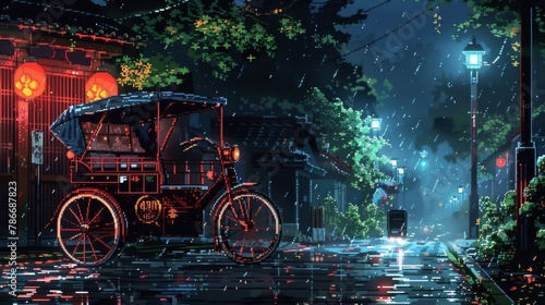 Colorful pixel art scene of a traditional Japanese rickshaw in a vibrant street setting