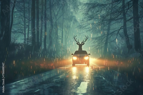 deer caught in car headlights on rainy forest road wildlife traffic accident risk digital illustration
