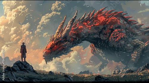 Epic dragon confronts a lone figure amid scenic cloudscape, pixel art style