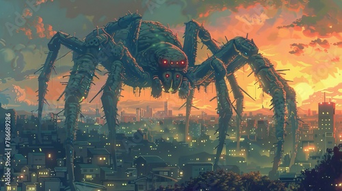 Pixel art of a giant spider looming over a dystopian cityscape
