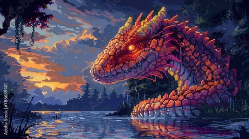 Enigmatic pixel art hydra looms over a serene lake at sunset, invoking mystery and fantasy