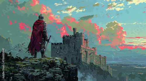 Pixel art of a knight overlooking a fortress at sunset, evoking a sense of adventure and solitude