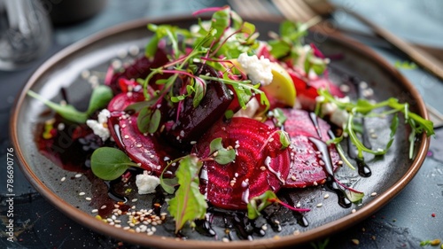 beetroot and goat cheese salad, with a miso and balsamic reduction dressing, served on a chic, modern plate