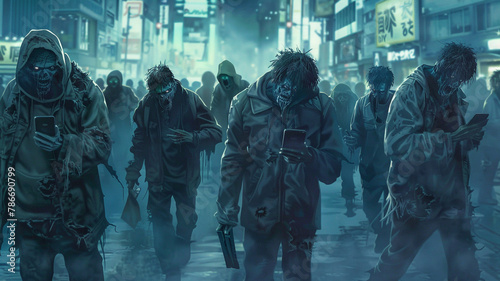Zombies roam a destroyed city street, debris everywhere. Buildings are in ruins, and the undead wear tattered clothes. The atmosphere is tense, a fight for survival in a post-apocalyptic world.