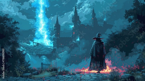 Mystical sorcerer casting spells in a vibrant pixel art landscape