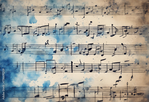 Old music sheet in blue watercolor paint Blues music concept Abstract blue watercolor background cop