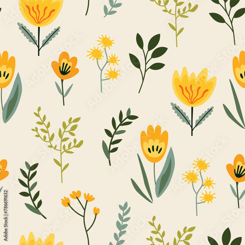 Seamless pattern with yellow flowers and leaves. Vector illustration.