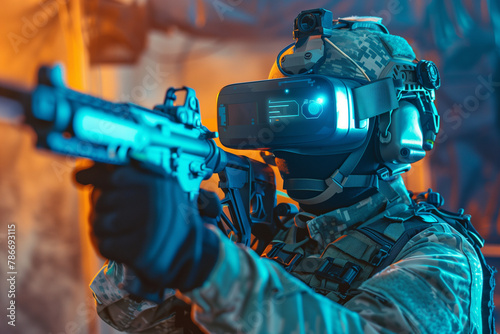 soldier equipped with virtual reality glasses, immersed in a virtual training exercise to enhance situational awareness and tactical proficiency, portrayed in a striking tech style