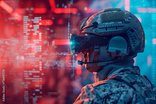 soldier in virtual reality glasses, accessing vital battlefield data and strategic information in real-time, showcasing the convergence of military operations and high technology i
