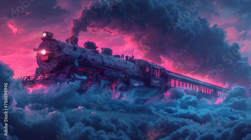 Dramatic steam-powered locomotive crossing through mystical clouds under a vibrant sunset sky