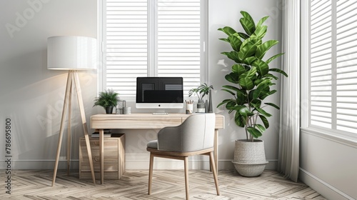 Home office design with warm tones and wood with working desk, decorative wall and armchair on parquet floor. have a plant corner in the house with wood blind and sheer curtain at windows 3d render