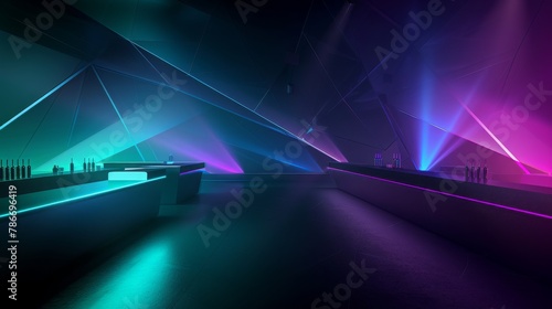 Night club interior neon lights. 3d render for laser show. Fluorescent vivid colors background. Neon corridor background.