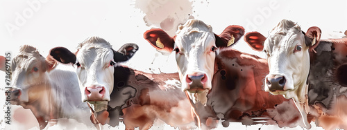 Close-up of four cows in a row, each with its own personality, watercolor painting, style,