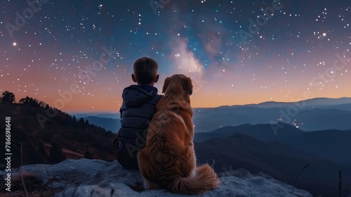 Child boy with golden retriever admiring stars on mountain cliff, serene moment under night sky