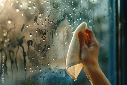 high humidity in the house. hand wipes water condensation from the window close-up 