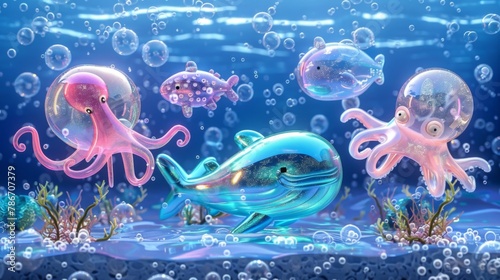 Enchanting Underwater Scene with Transparent Octopuses and Whales