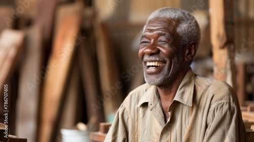 Joyful Elderly African Man Laughing Candidly in a Workshop