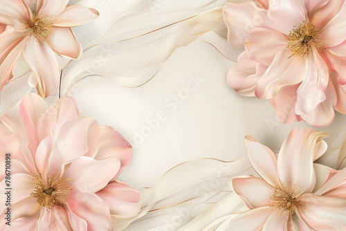 An exquisite blend of futuristic florals in a palette of blush pink and soft gold, 