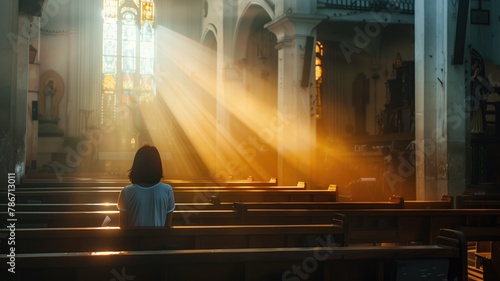 Person sitting in church pews with sunlight streaming through stained glass window