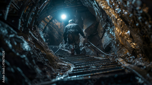 A lone miner wearing a headlamp carefully descends a steep, wet mine shaft, illuminating the darkness.