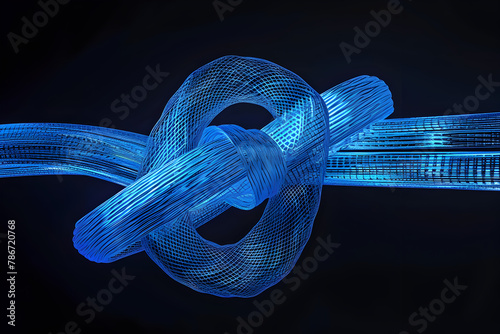 Neon wireframe of a judo black belt tied in a knot isolated on black background.