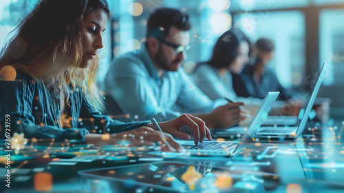 A group of business professionals working together on laptops, surrounded digital data and cyber security symbols in an office setting