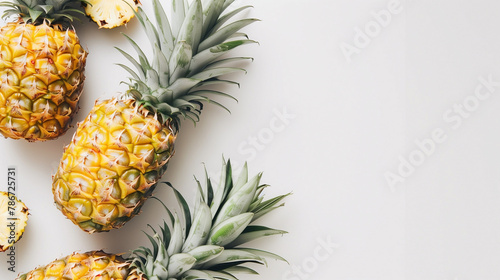 Several juicy pineapples on a white table. View from above