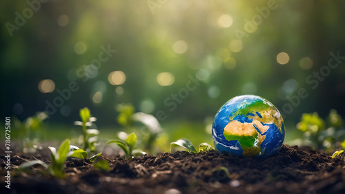 Little planet with Africa, Asia and Europe representing Earth day on soil with green growing plants