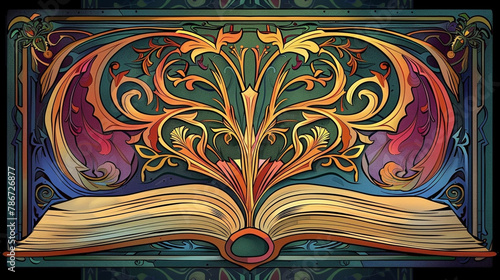 Colorful illustration of an open book in art nouveau style