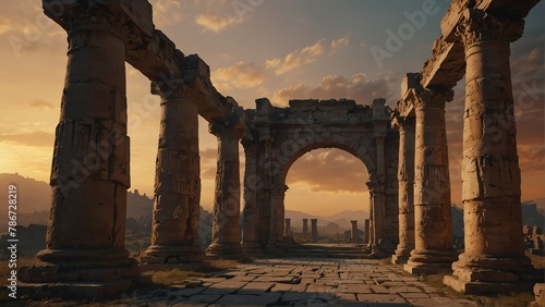 ancient ruins sunset walkway with ancient roman columns from Generative AI