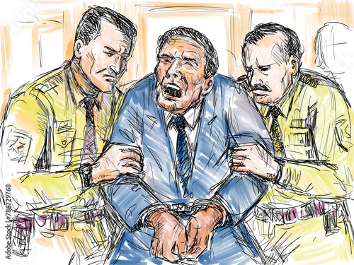 Pastel pencil pen and ink sketch illustration of an agitated defendant being led out of courtroom trial by police officer in court.