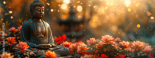 Buddha meditating in the lotus position among blooming pink lotus flowers. Natural wide landscape with bokeh. Buddha's birthday holiday. Template for design. Banner with place for text