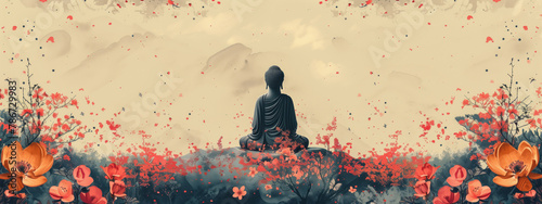 Buddha meditates in lotus position in flower meadow among lotuses and red poppies, rear view, wide landscape. Holiday Buddha's Birthday. Buddhism concept. Banner with place for text