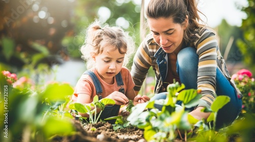 In a garden, a mom showing her child how to plant a seed, nurturing growth in nature and in life.