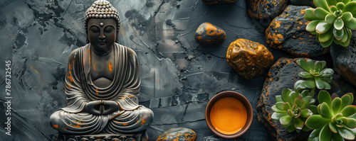 Buddha in lotus position for meditation. Flat lay with buddha statuette, stones and flowers on textured gray background. Buddha's birthday holiday. Buddhism concept, banner