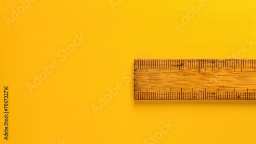 Wooden ruler on yellow background, space for text