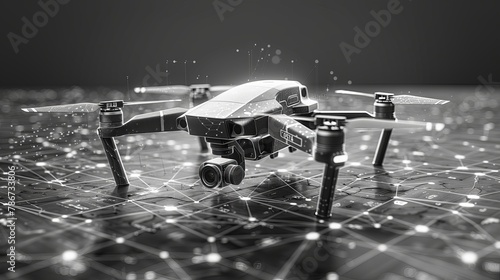 Conceptual rendering of a drone in wire-frame style, portraying visible and invisible layers of lines separately in vector format.