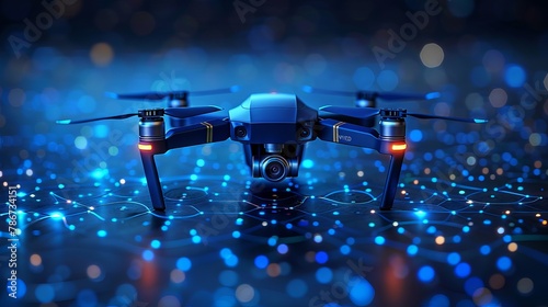 Drone equipped with a camera portrayed in a lifelike manner against a blue backdrop, rendered in vector format.