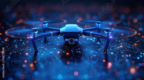 Drone equipped with a camera portrayed in a lifelike manner against a blue backdrop, rendered in vector format.