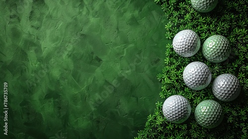 Golf-themed background: group of balls and tee on green with space above.