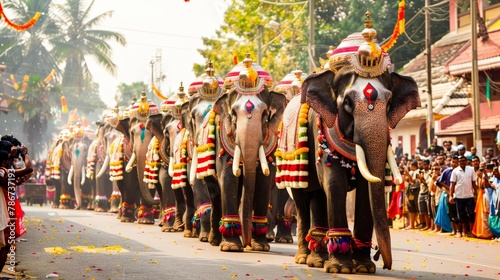 The procession of beautifully decorated elephants during the Thrissur Pooram festival in Kerala, India, with spectators marveling at the spectacle.