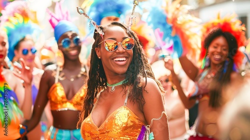 The vibrant parade of Notting Hill Carnival in London, with dancers and musicians celebrating Caribbean culture amidst a jubilant crowd.