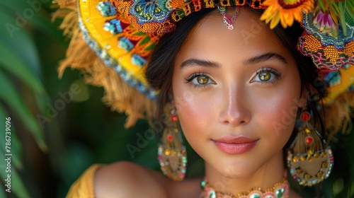 a Filipino woman wearing traditional attire, adorned with intricate patterns and vibrant colors