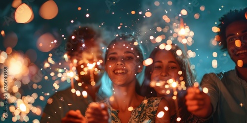 Joyful group of four diverse friends celebrating with sparklers at night, vibrant holiday festivities, joyful expressions, warm colors.