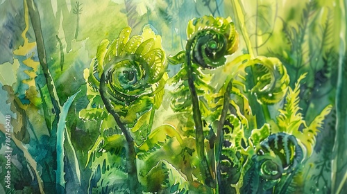 Watercolor, Fern fronds unfurling, close up, vibrant green, understorey life 