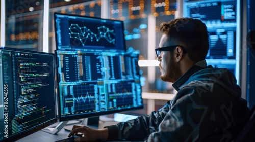 A DevOps engineer monitoring live network traffic across multiple screens, styled as high-tech realism.