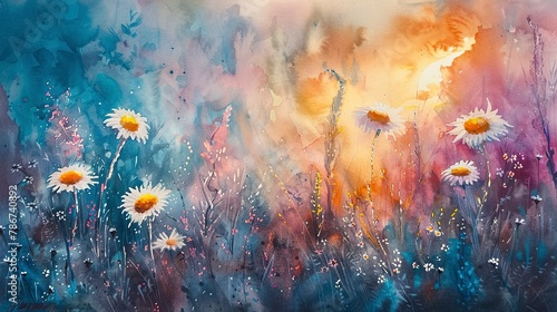 Watercolor, Sunset on alpine meadow, close up, last light on daisies 