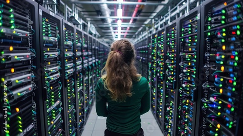 A female cloud engineer looking at a massive data center with rows of servers, styled as a documentary photo.
