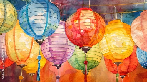 Watercolor, Village festival lanterns, close up, colorful glow, twilight celebration 
